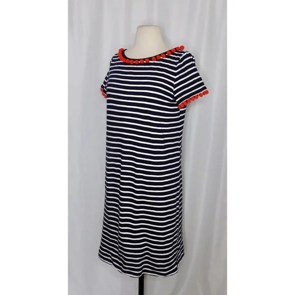 BODEN Bridget Jersey Knit Dress Navy White Stripe Red Pom Poms Shift Size 6 - Picture 8 of 16